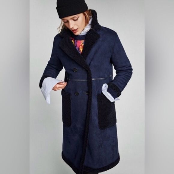 Zara Blue Faux Suede Shearling OVERCOAT Jacket Teddy Coat Long Size XS - Picture 2 of 12